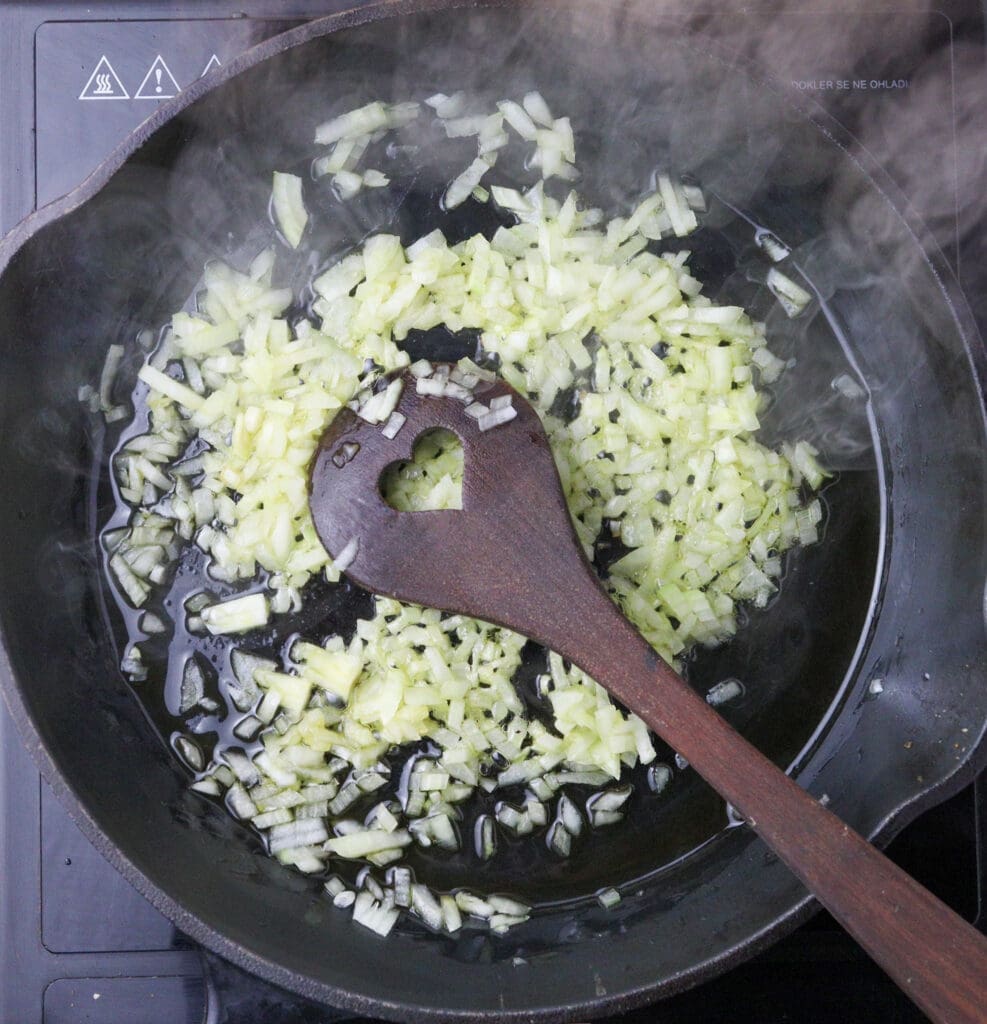How to saute onions for wild garlic risotto.